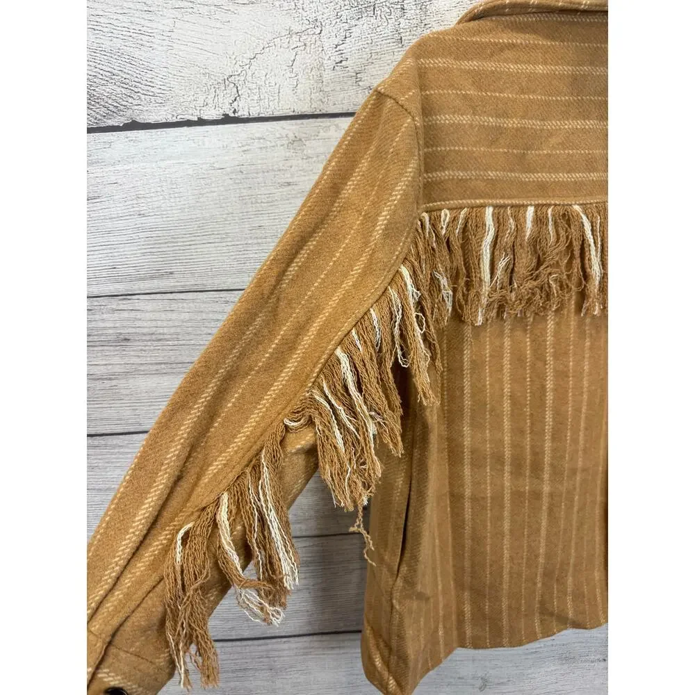 Impressions Women's Tan & Cream Fringe Back Button Up Shacket Size Small
